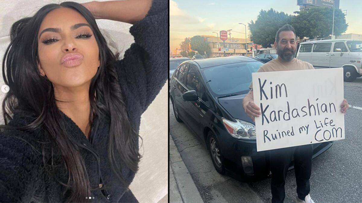 Evsiz adam elinde bu pankartla sokakları geziyor: Kim Kardashian hayatımı mahvetti!